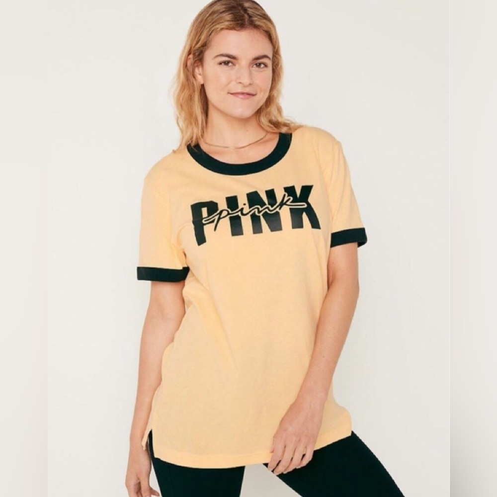 Victoria’s Secret Pink Size Large Yellow & Black Campus Ringer T-Shirt